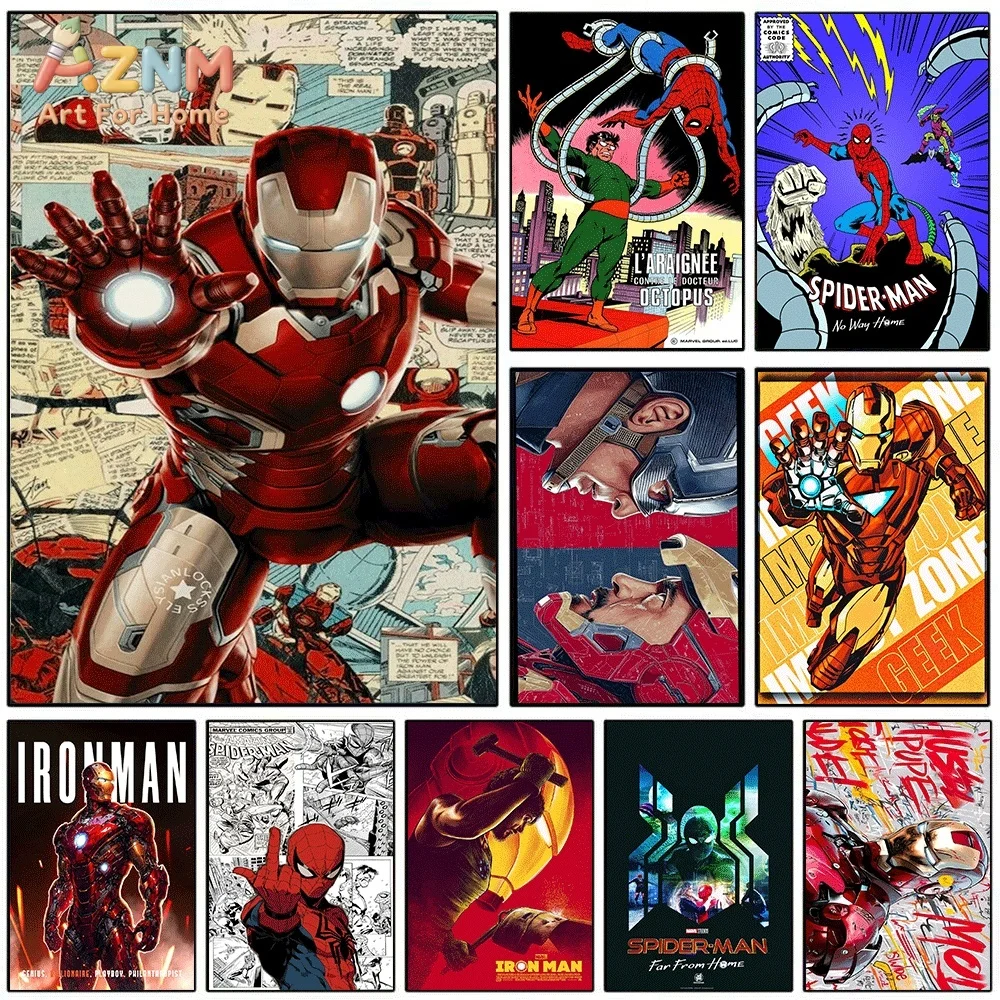 AZNM Iron Man Repulsor Blast Comic Page Background Canvas Wall Print, Superhero Red Gold Armor Vintage Comic Book Collage Grap