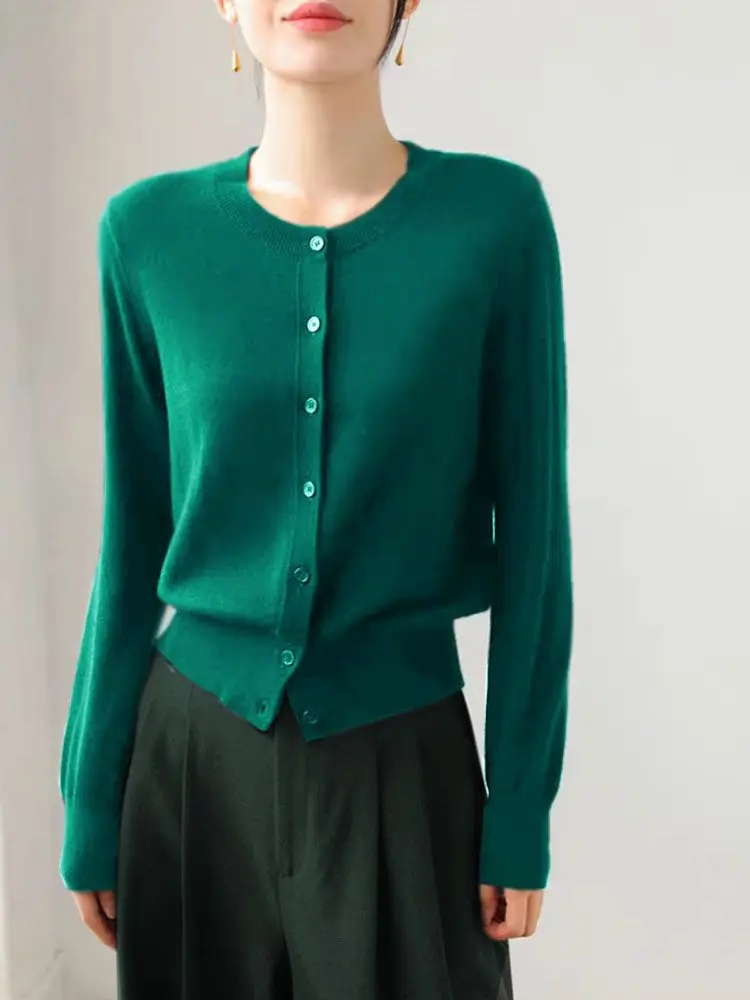 

Spring Autumn Women Knitted Long Sleeve Crew Neck Cardigan Thin Outerwear Pure Color Coat Soft Comfortable Top