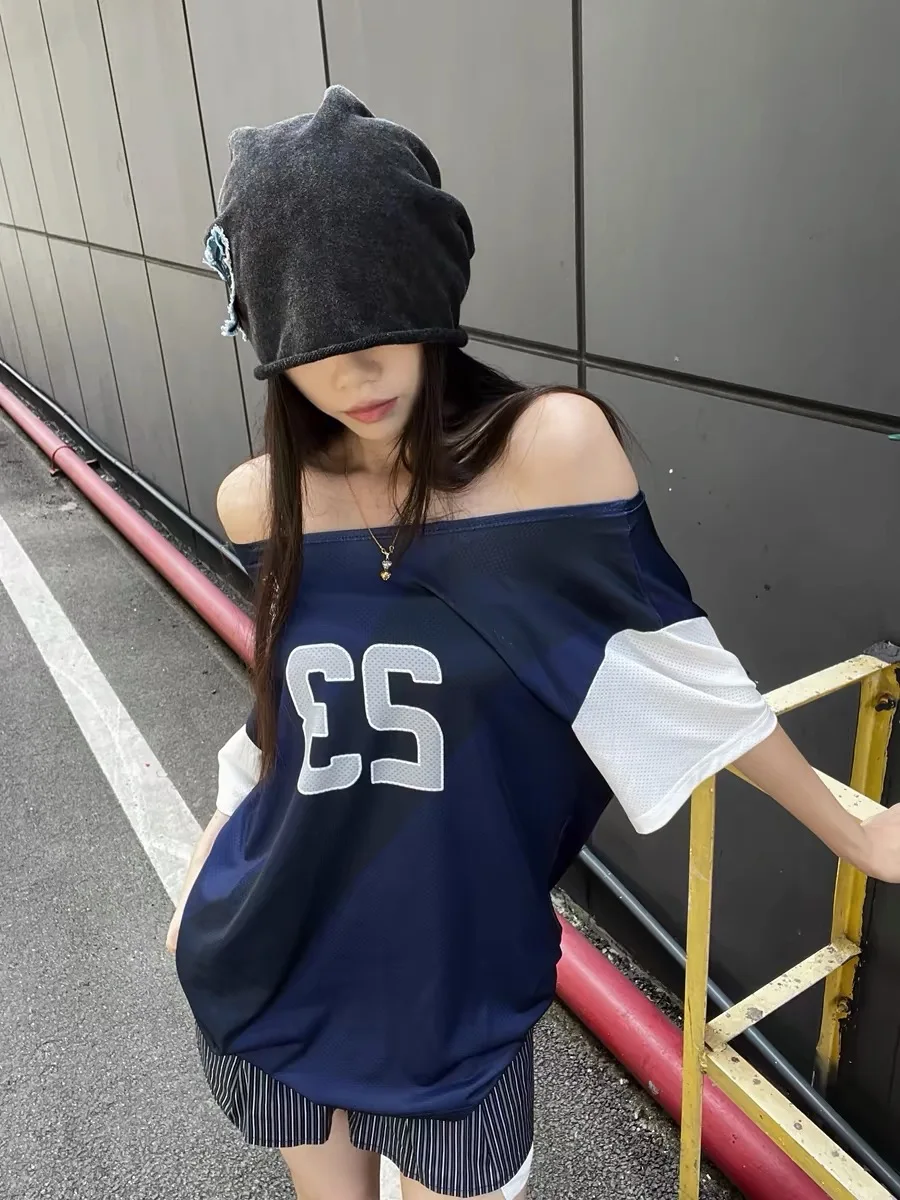 Deeptown Streetwear Y2k Graphic T Shirts Women Oversized Vintage Off Shoulder Tees Harajuku Letter Printed Short Sleeve Tops