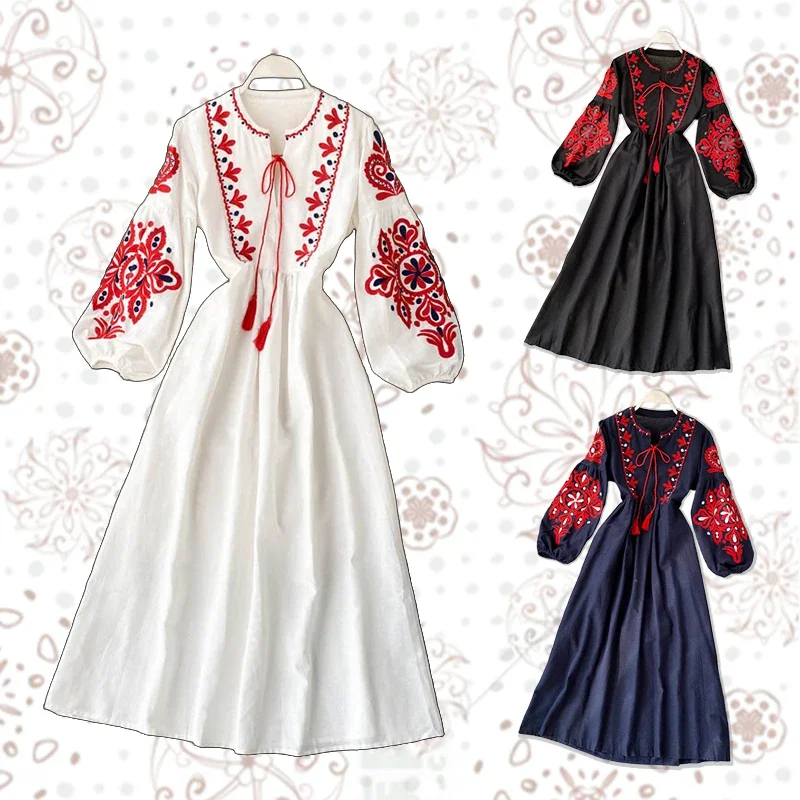 جديد الخريف الشتاء المرأة الرجعية العرقية فستان مطرز فانوس الأكمام البوهيمي فستان مناسبات المرأة طويلة الأكمام بلوزات بيضاء