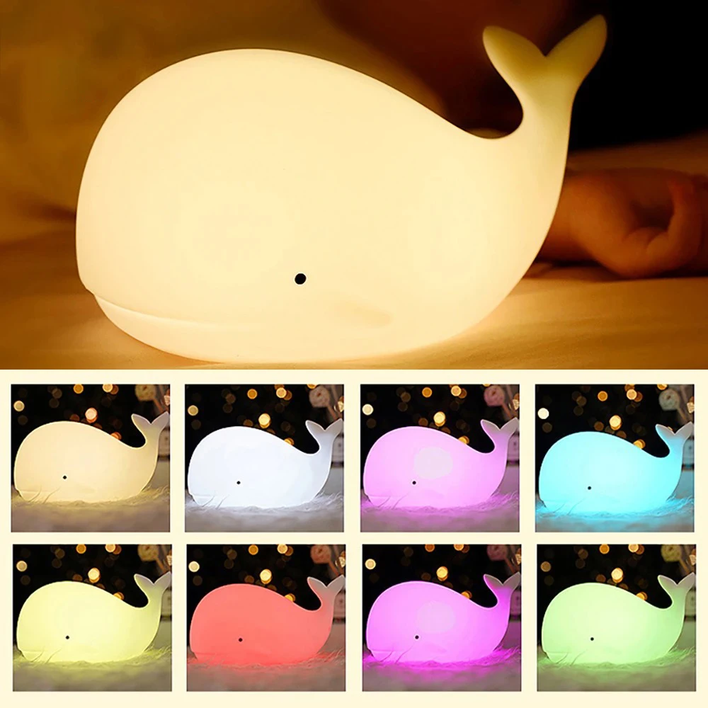 Rechargeable Cartoon Whale RGB LED Night Lights Silicone Light Atmosphere Lamp Bedroom Bedside Decor for Kids Baby Holiday Gifts