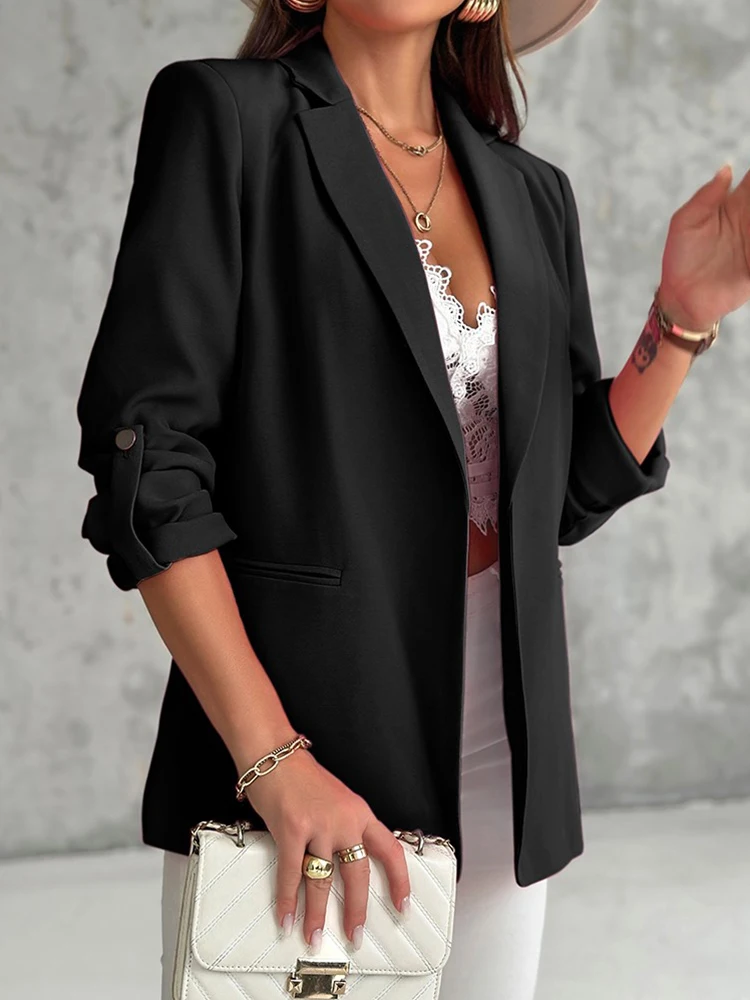 Notched Collar Roll Up Sleeve Blazer Coat