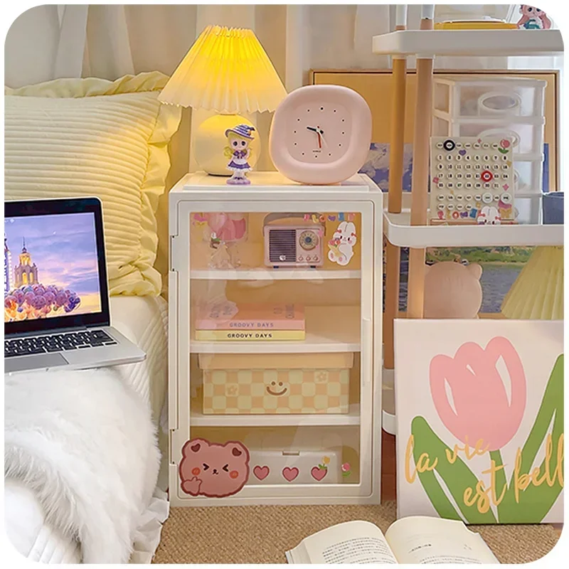 Pink Multi-Function Cabinet: Adjustable Display Stand with Perspective Doors, Bedroom Furniture Stylish Clothes Organizer