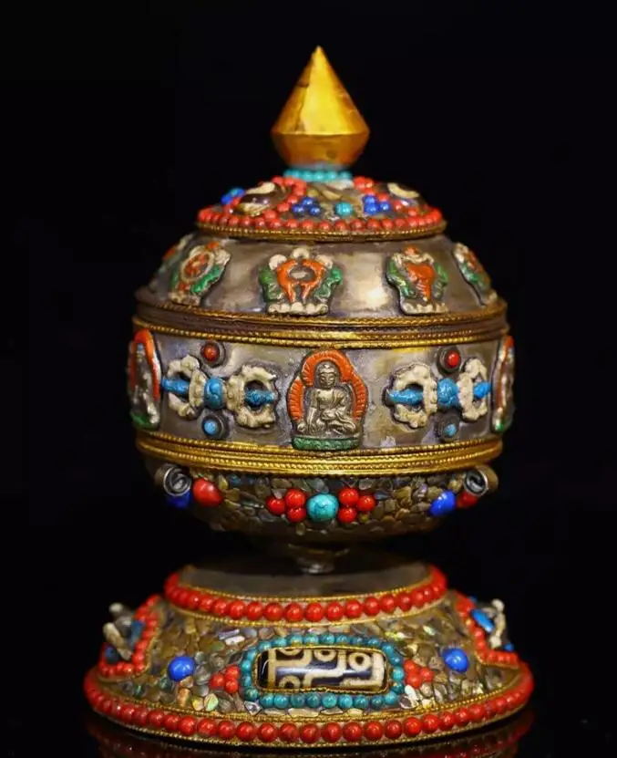 

Old Tibetan nepalese gemstone inlay Buddha buddhist Vajra prayer wheel talisman