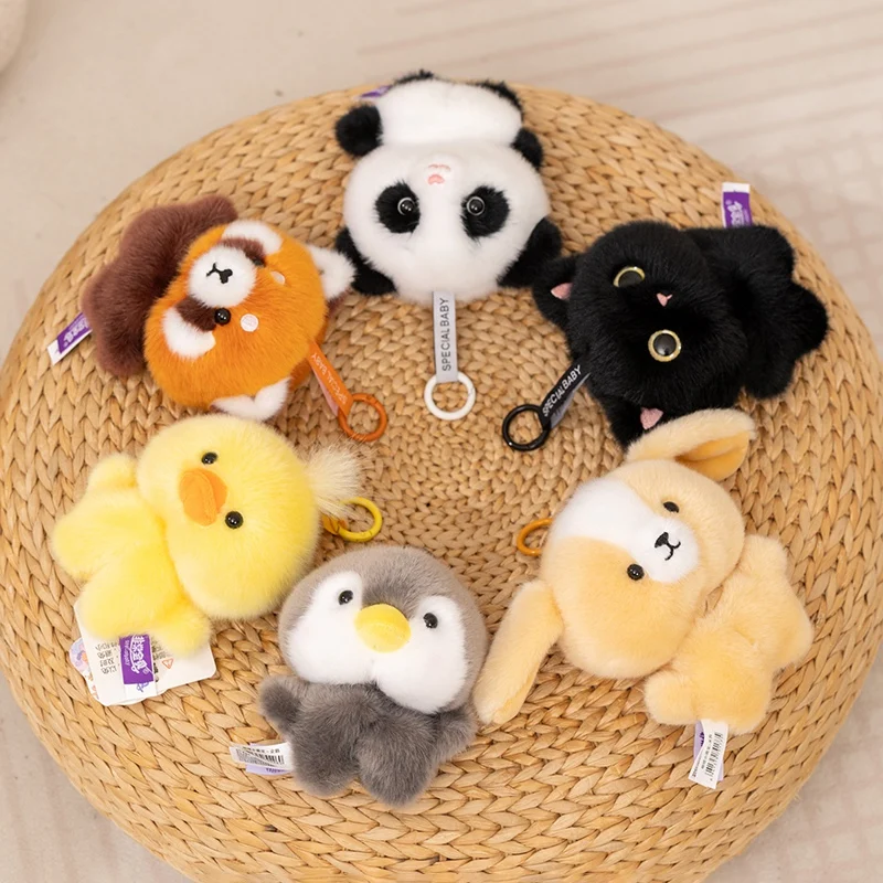 Porte-clés en peluche série animaux avec anneaux métalliques, clips colorés et figurines assises douces : Pingouin, Lapin, Panda, Grenouille, Canard – Pour les amoureux des animaux