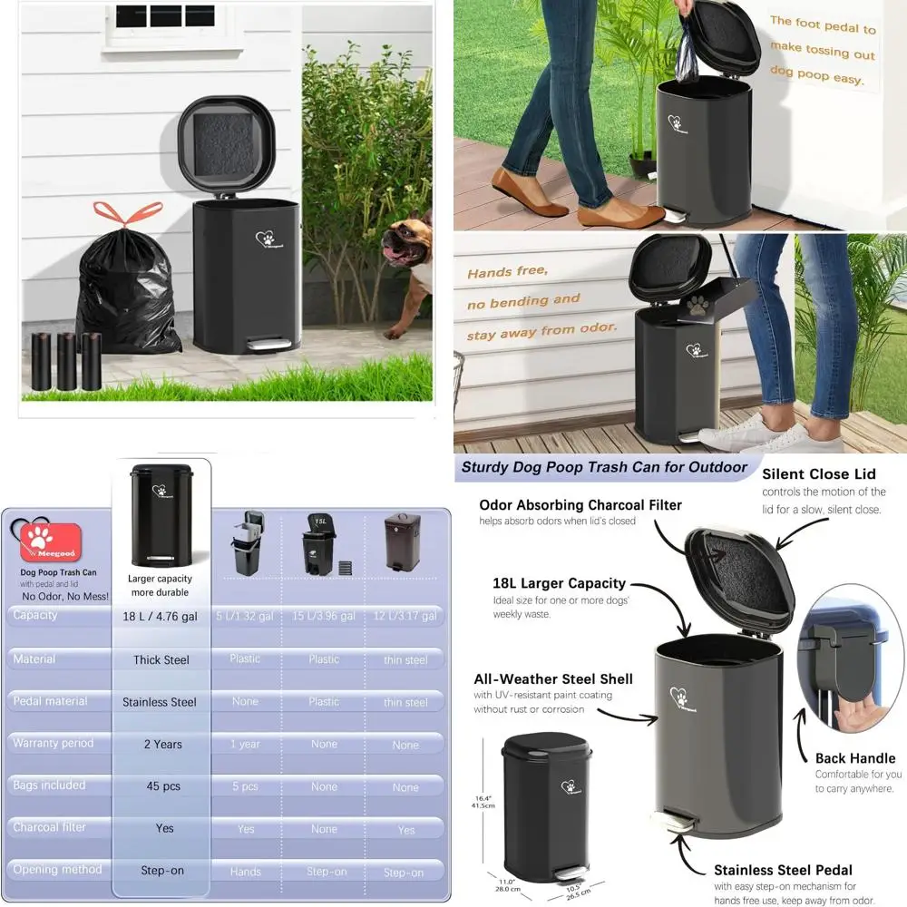 

Portable Outdoor Waste Bin with Lid and Removable Inner Bucket, Metal Pooper Scooper, Odor Control for Pet Waste Management