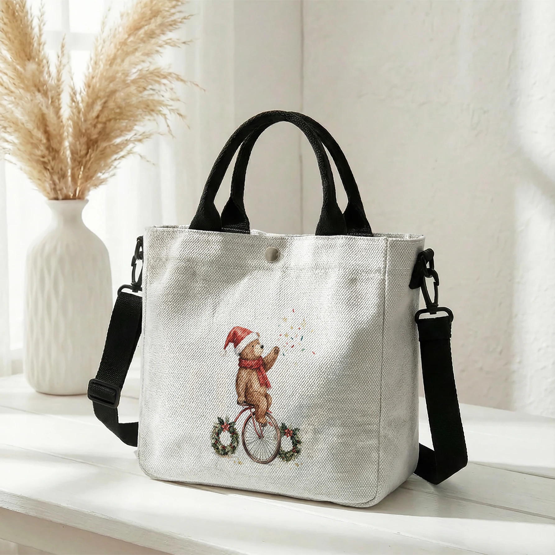 Christmas Bear Riding Bicycle Print Tote Bag, Detachable Strap Crossbody Handbag For Daily Work Shopping