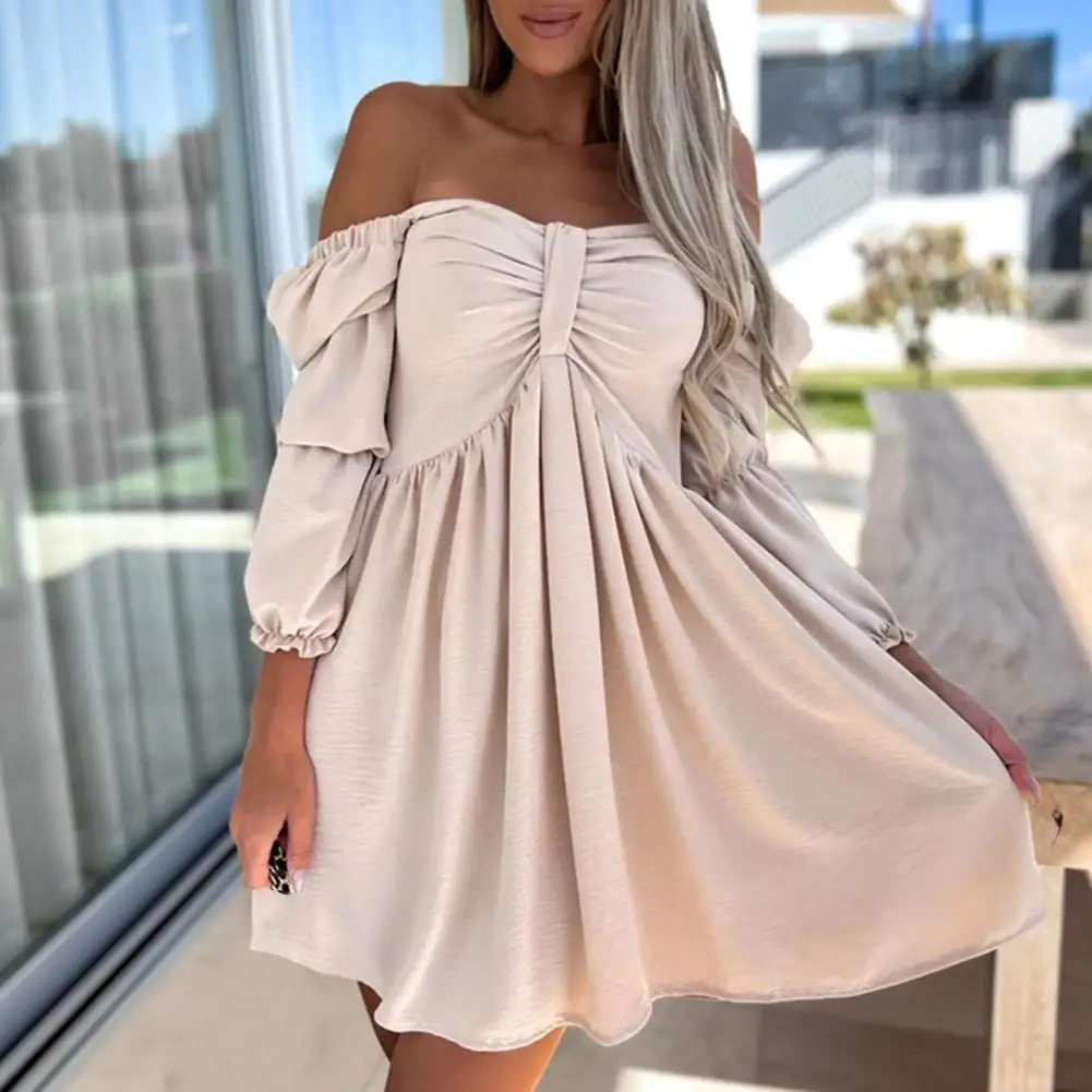 

Women Sexy Slash Neck Mini Dress Shirring Puff Sleeve High Waist Mini Dress Off Shoulder Lady Summer Dress Female Clothes