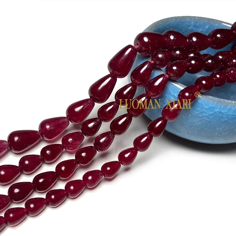 Natural Stone Water Drops Ruby Red Emerald Green Color Chalcedony Loose Spacer Beads for Jewelry Making Diy Bracelet Accessories