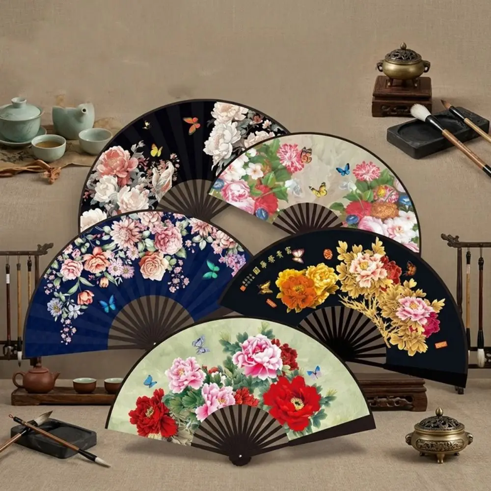 

Chinese Style Folding Handheld Fan Silk Cloth Flower Pattern Dance Fan Handmade Exquisite Bamboo Fan Photography