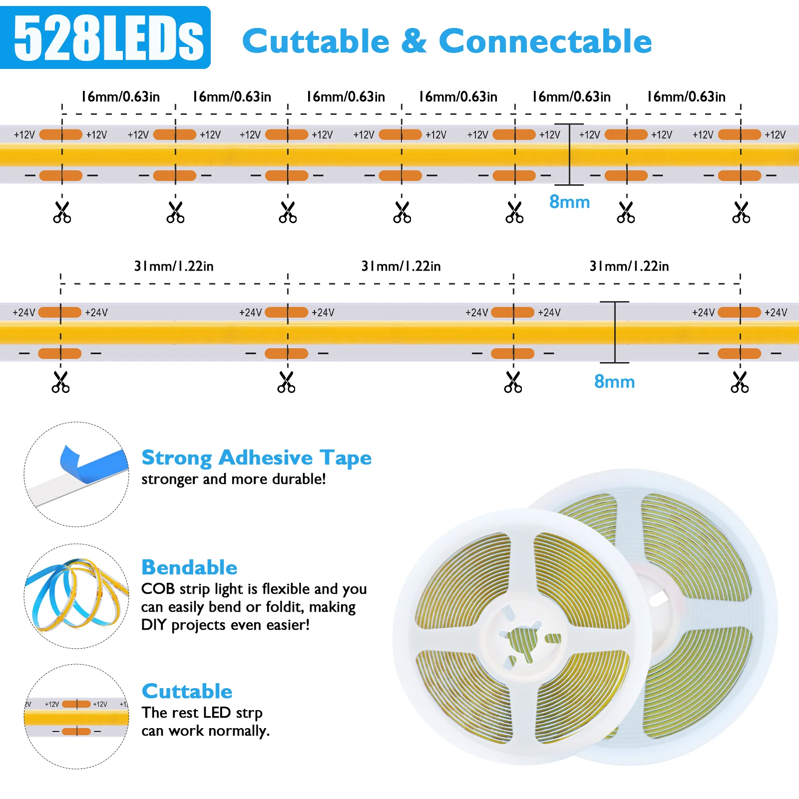 12V 24V COB LED Strip Light 320 528LEDs/M Flexible LED Tape Ribbon 3000K 4000K 6000K High Density Linear Lighting 0.5M 1M 5M 10M