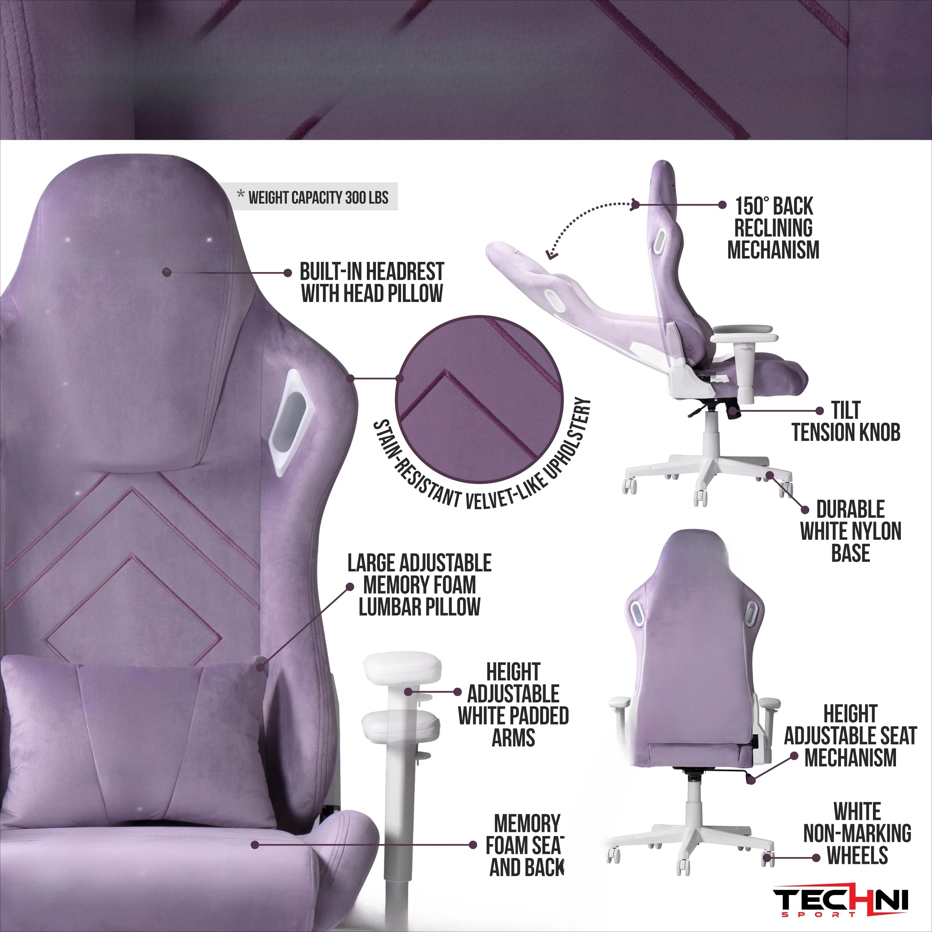 Adjustable height purple velvet office chair ergonomic gaming chair with memory sponge