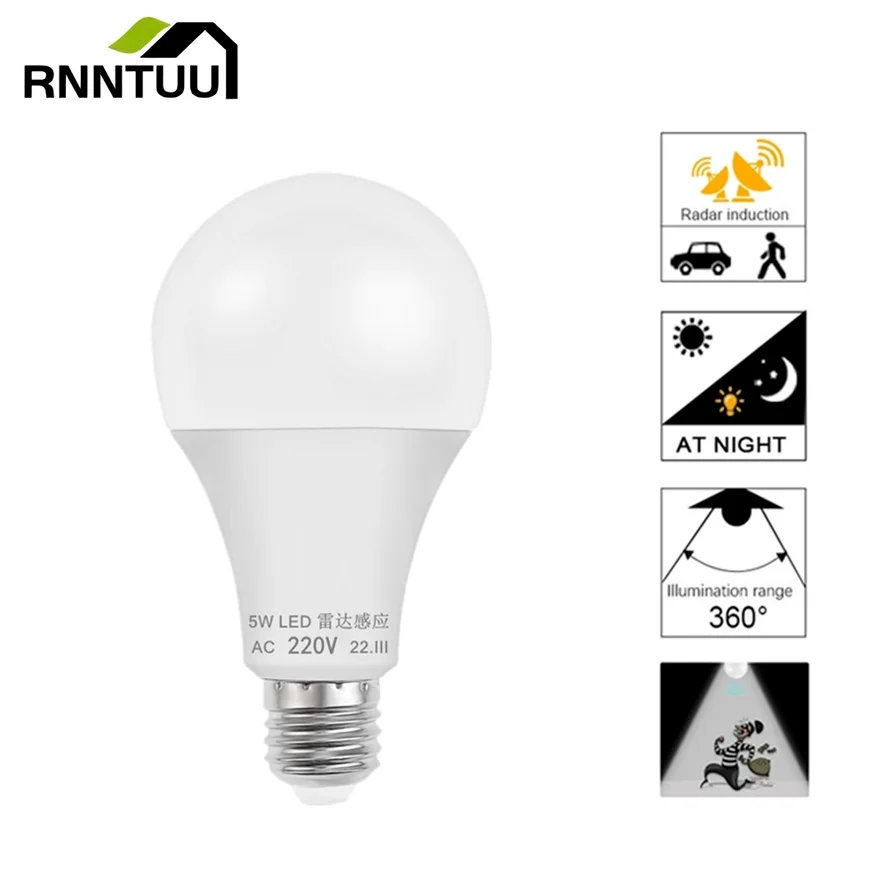 RnnTuu 5W 7W 9W 12W Lampada LED E27 Radar Motion Sensor Light Bulb 220V Infrared Detection Smart Lamp Working in Night Darkness