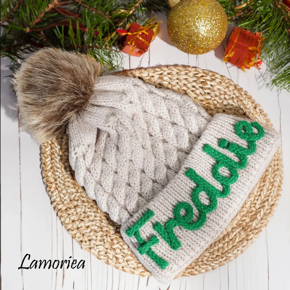 

Personalized Pom Pom Beanie Hats, custom name Hand Embroidered winter Knit Beanie with Name for kids adult Girls Boys Gift