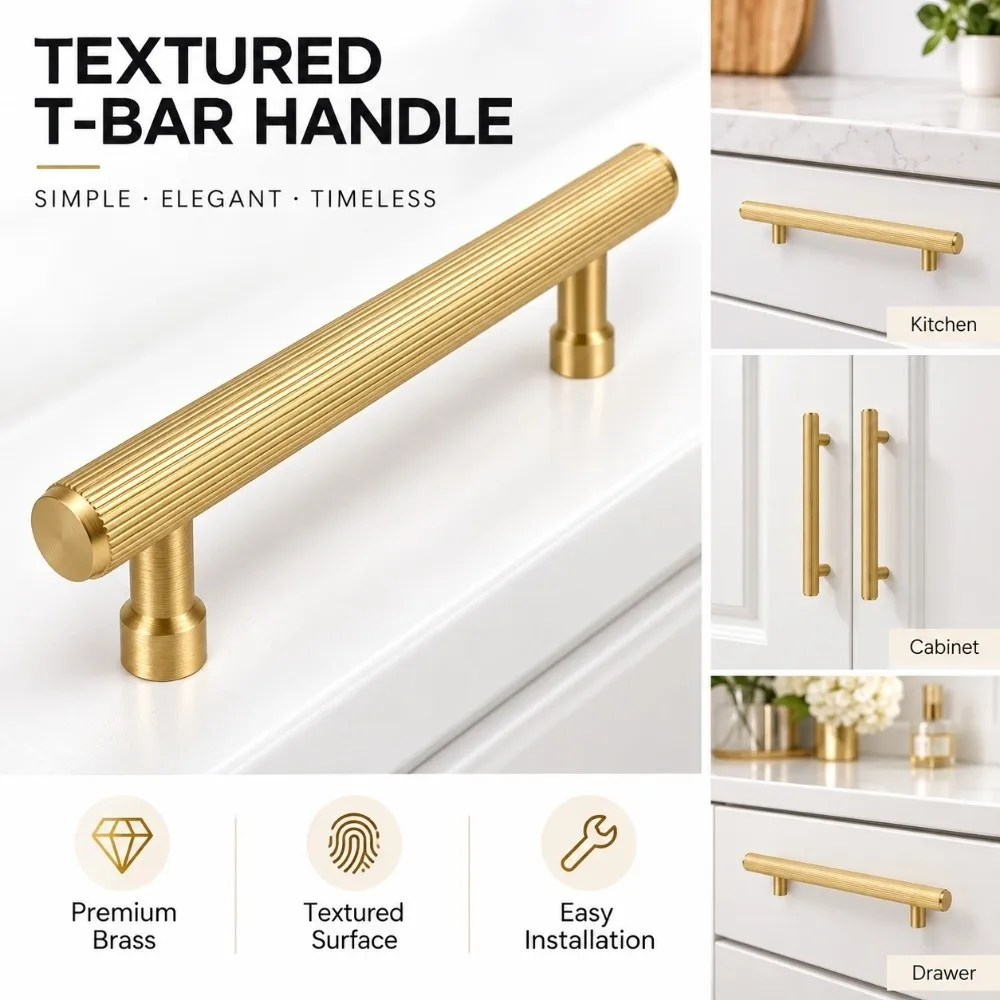 Solid Brass Cabinet Handles Brushed Gold Surface Mounted Furniture Handles Ribbed Cylindrical DIY Friendly Cupboard Handles