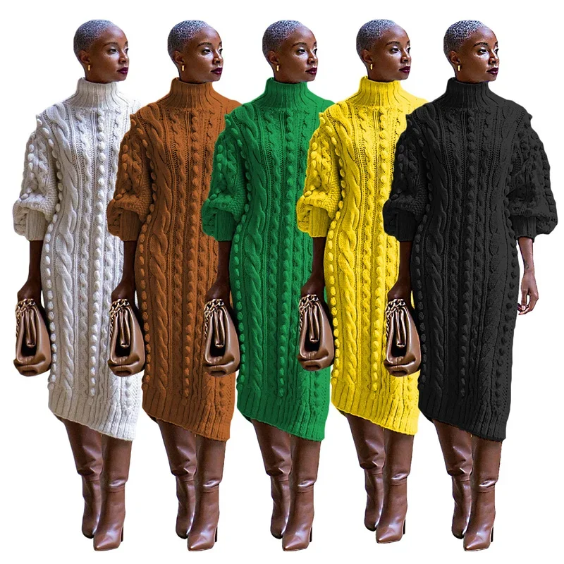 Streetwear Turtleneck Sweater Dress Women Autumn Winter Long Sleeve Elegant Ribbed Knitted Stretchy Warm Party Club Midi Dresses