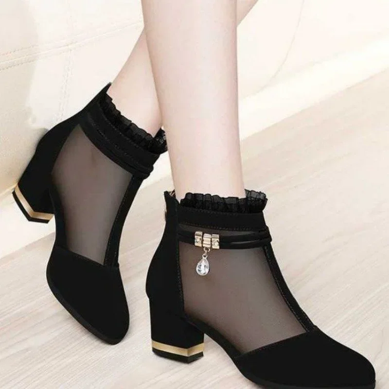 New Summer 2024 Fashion Women\'s Boots High-heeled Sandals Chunky Heel Black Short Boots Shoes Plus Size