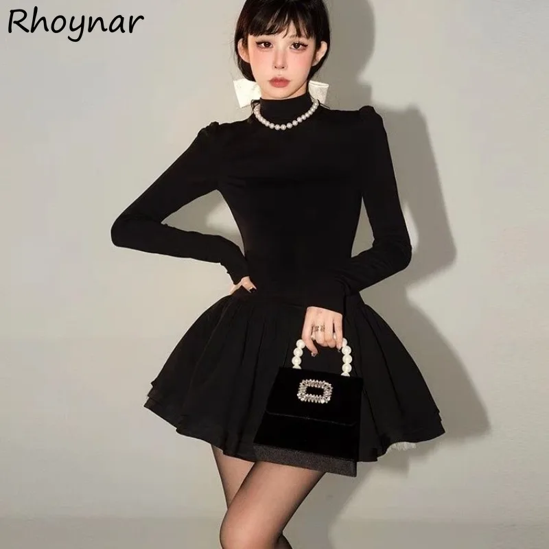 Mini vestido de manga comprida feminino meia gola alta preto sólido elegante doce vestido de baile senhoras moda estilo coreano outono outwear