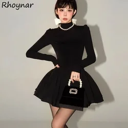 Long Sleeve Mini Dress Women Half High Collar Black Solid Elegant Sweet Ball Gown Ladies Fashion Korean Style Autumn Outwear