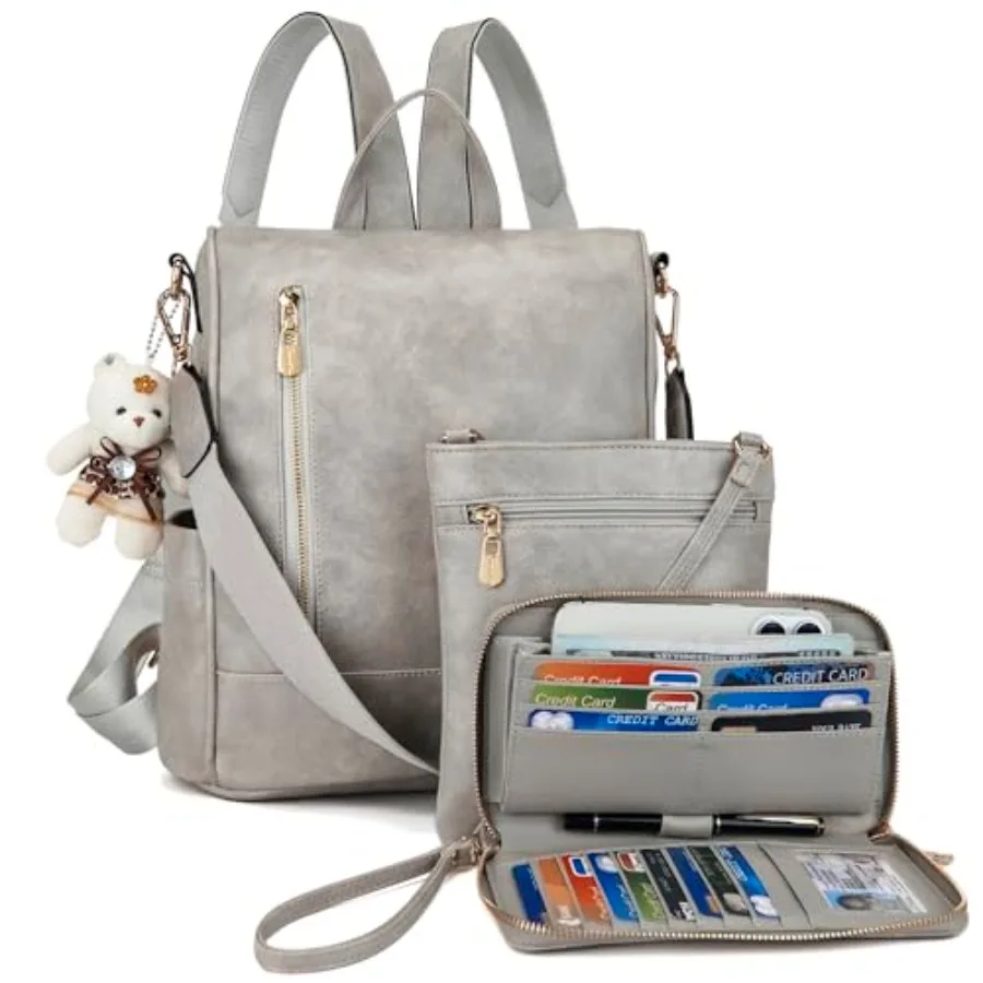 

Women Fashion Backpack Purse Anti-Theft Leather Shoulder Bag Travel Multi Pockets Handbag Wallet Set 3pcs