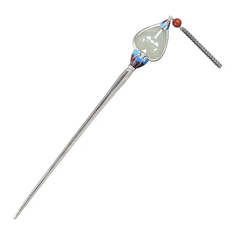 New Chinese Ancient Palace Blue Enamel Hairpin with Hetian Jade Mandarin Ducks Long Tassel for Women Traditional Wedding Gift