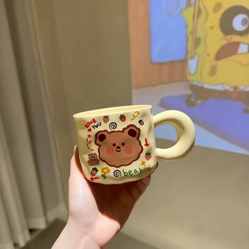 400ml Korean Cream Bear Mug, Fat Handle Ceramic Cup, Large Capacity Simple Milk Cup, Male and Female Student Couple Cup