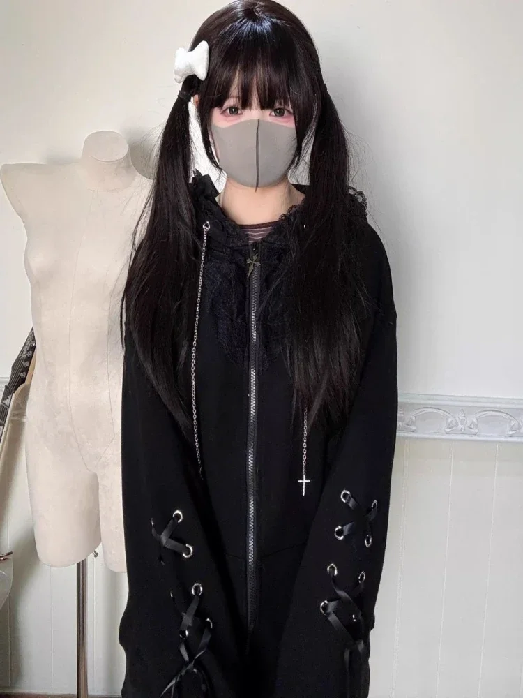 Japanese Goth Punk Long-sleeved Loose Lace Bow Hooded Sweater Jacket Subculture Fashion Casual Top, Spring and Autumn Womens