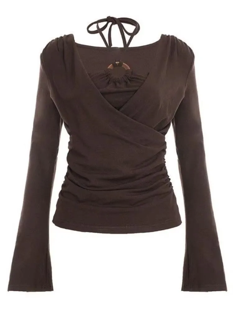 Women T Shirts Sexy Criss Cross V Neck Halter Bandage Flare Long Sleeve Slim Tops Grunge Y2k Aesthetic Ladies Tops