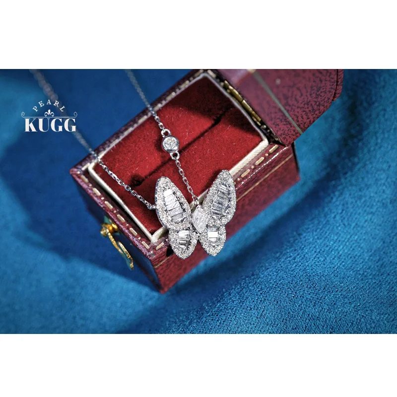KUGG 100% 18K White Gold Necklace Elegant Butterfly Shape 0.60carat Real Natural Diamond Pendant Necklace for Women Fine Jewelry