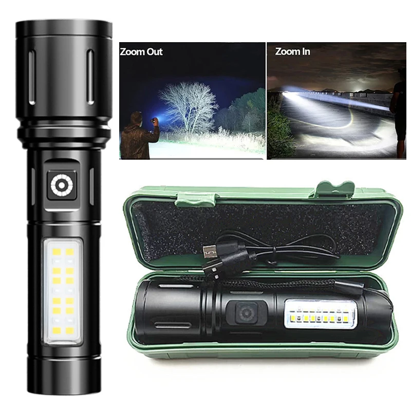 

Mini LED Flashlight USB Rechargeable COB Zoomable Aluminum Alloy Flashlight with Storage box Box for Outdoor Camping