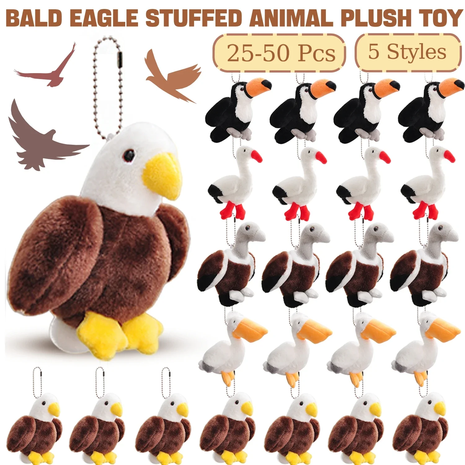 10-50Pcs Bald Eagle Stuffed Animal Bald Eagle Swan Pelican Vulture Toucan Plush Toy Bird Stuffed Animal Keychain for Kids Gift