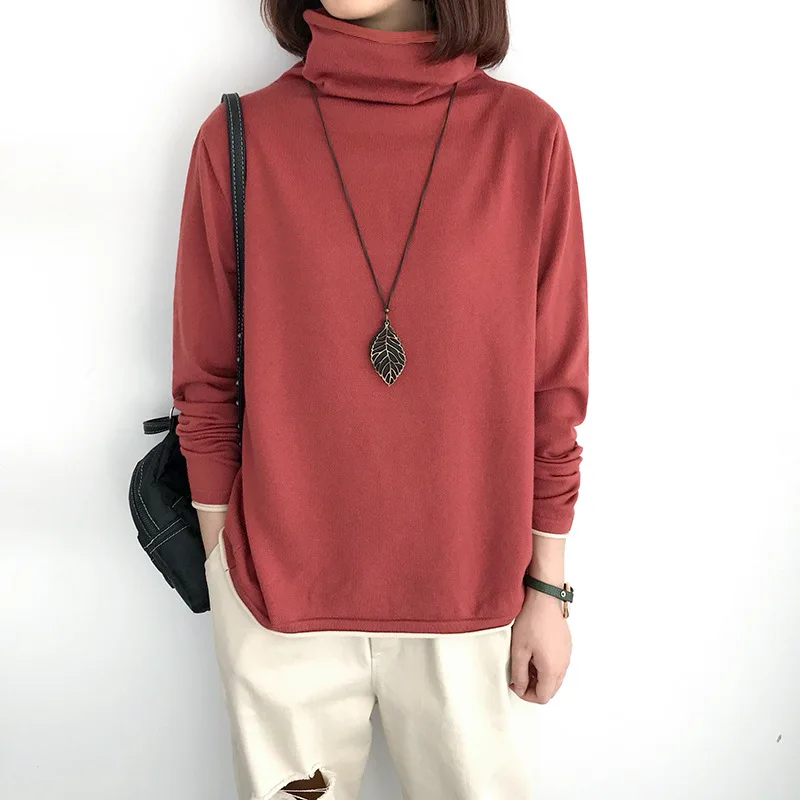 Women's Vintage Turtleneck Long Sleeve Plush Thick Basic T-shirts Autumn Winter Female Fashion Simple Casual Warm Pullover Tops