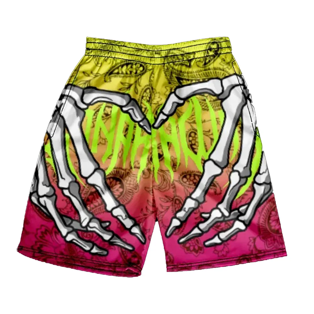 Men Summer Skeleton Hand Heart Shape Full Print Mesh Basketball Shorts Paisley Background Gothic Streetwear Sports Casual Shorts