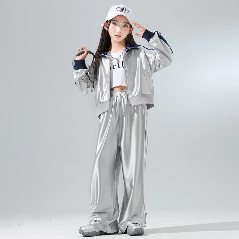 Mädchen Hip Hop Silber Jacke Baggy Hosen K-pop Mantel Kleidung Set Cool Street Dance Kostüm Gruppe Streetwear Jazz Bühne zeigen Outfit