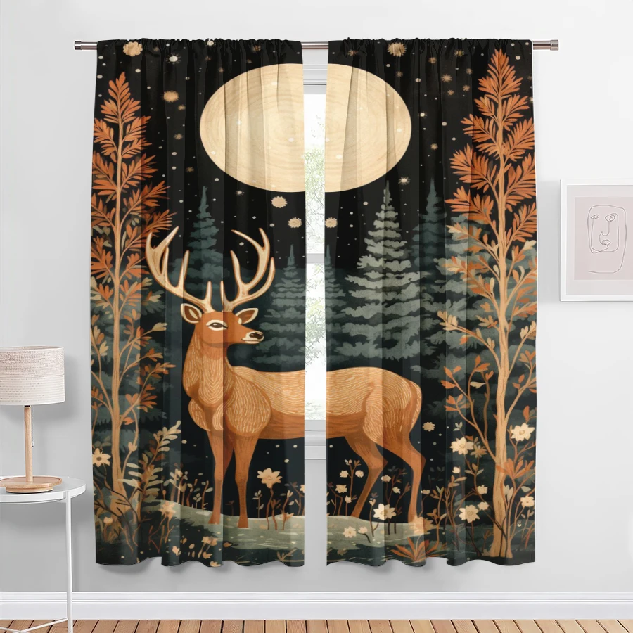 2PCS Christmas Digital Print Curtains, Golden Reindeer Snowy Pine Forest Moon, Rustic for Living Room Bedroom Window Decor