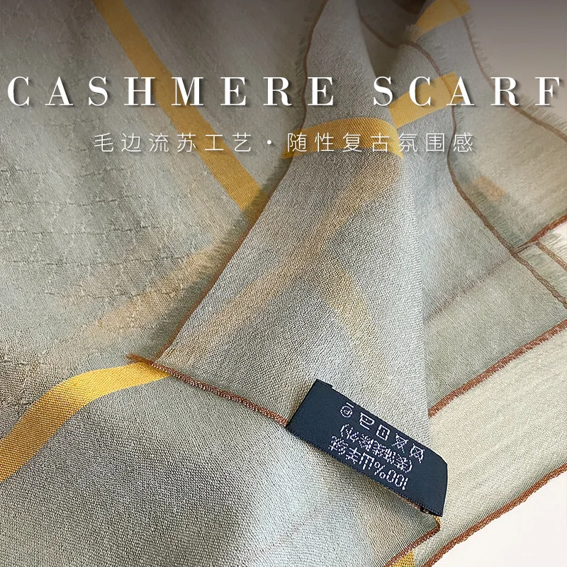 100% PURE CASHMERE Square Shawl Pale Sage Green Diagonal Gold Grid Double Sided Bandana Women Minimalist Travel Luxury Gift view 6