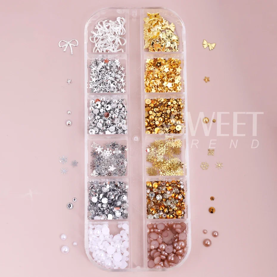 12 Grids Christmas Nail Art Decor Gold Silver Snowflake Star Pearl Bow Rhinestones Nail Charms Jewelry DIY Manicure Accessories
