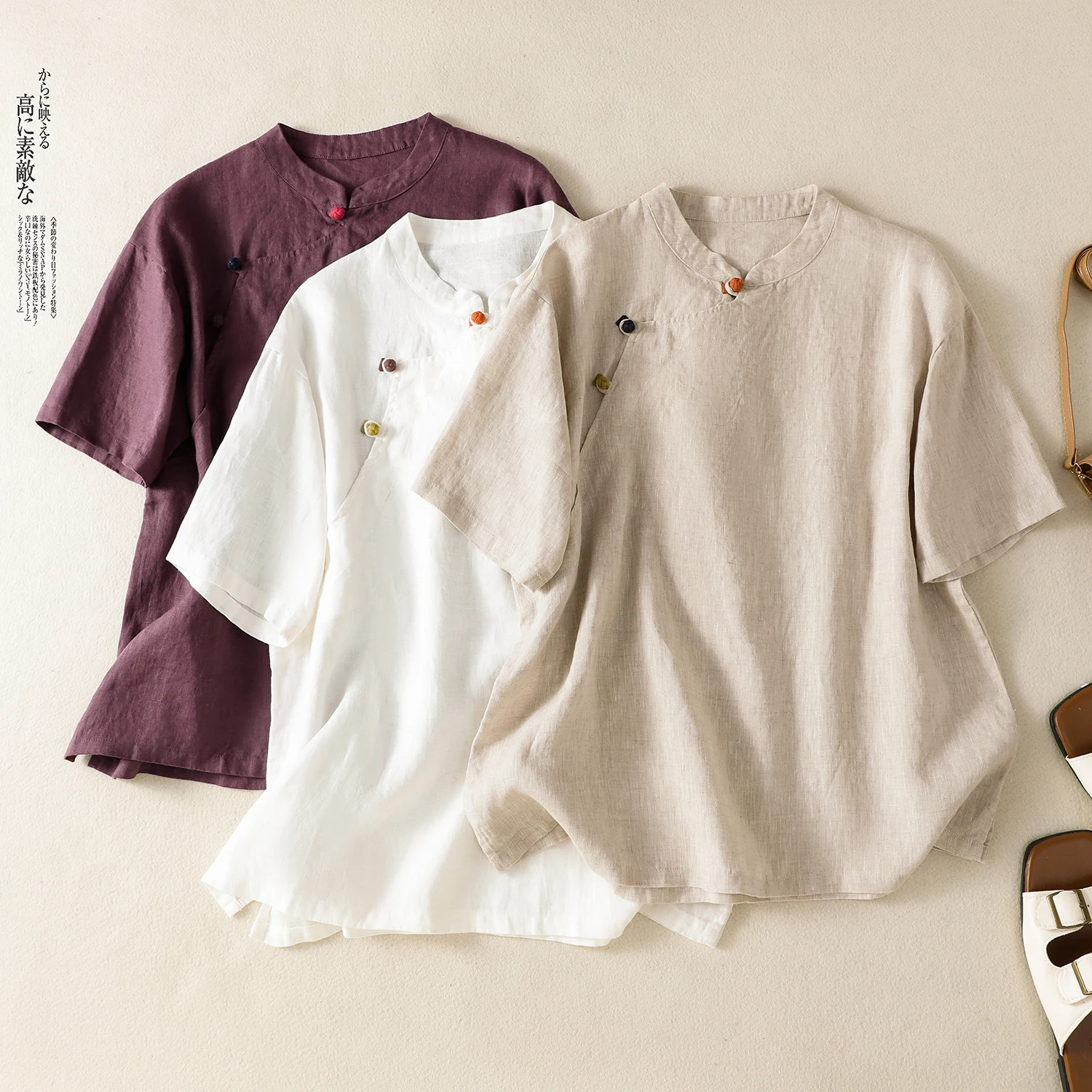 

Summer Thin Cotton Linen ort Sve Overhead irt New Chinese Sle Zen Vintage Button Loose Fit Regular Length Pure Color