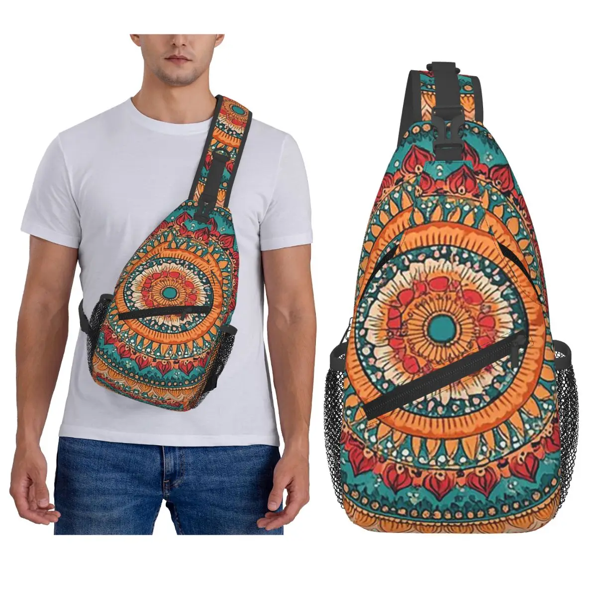 Bohemian Pattern Chest Bag Men Sling Crossbody Backpack Chest Bag Traveling Hiking Daypack Shoulder Bag