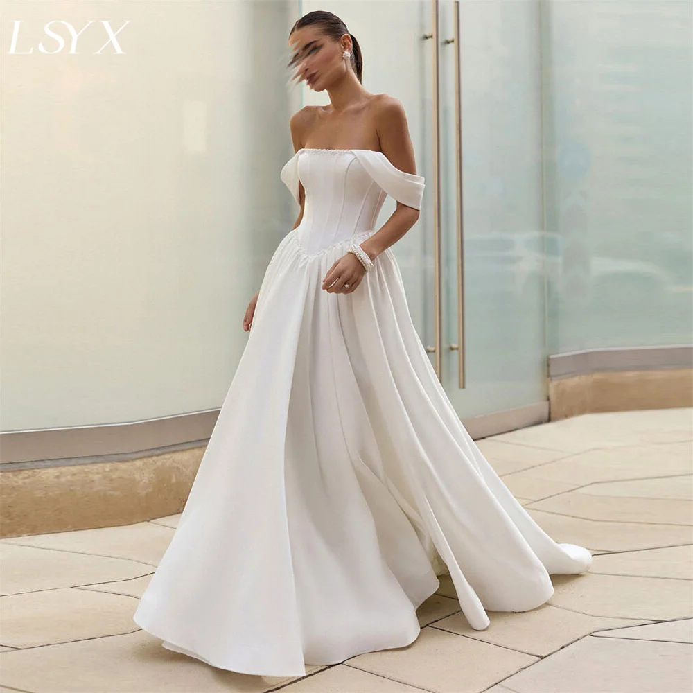 

LSYX Off the Shoulder Sweep Train Floor Length Off the Shoulder corset A-Line Boat Neck Fairy Garden Wedding Dress Charming