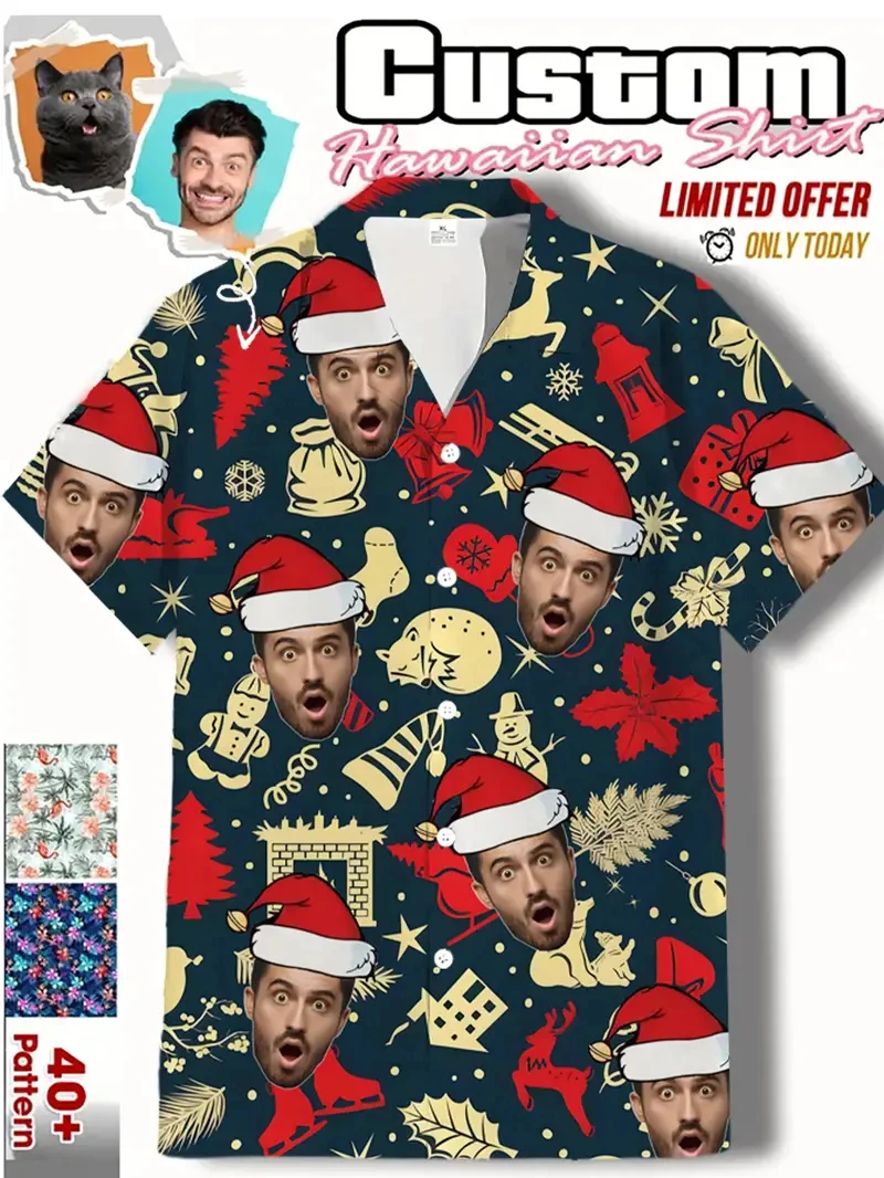Funny Custom Face Design Christmas Hat Shirts Funny Holiday Mens Shirts Casual Button Down Xmas Shirts Y2k Unisex Blouses Tops