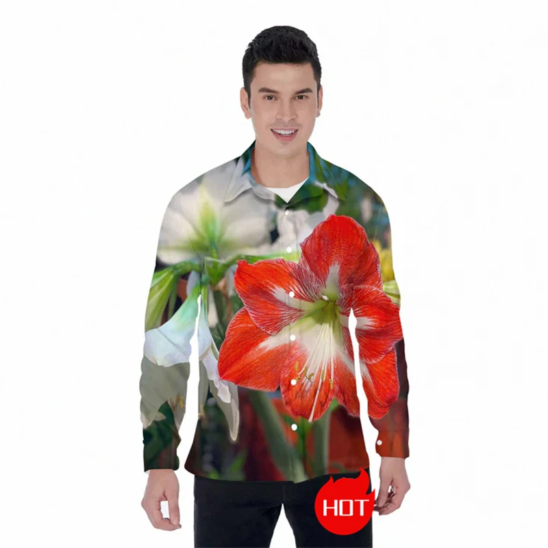 Amaryllis 3D Printed Long Sleeve Shirts For Men Clothes Hippeastrum Flower Button Clothing Spring And Autumn Unisex Lapel Blouse