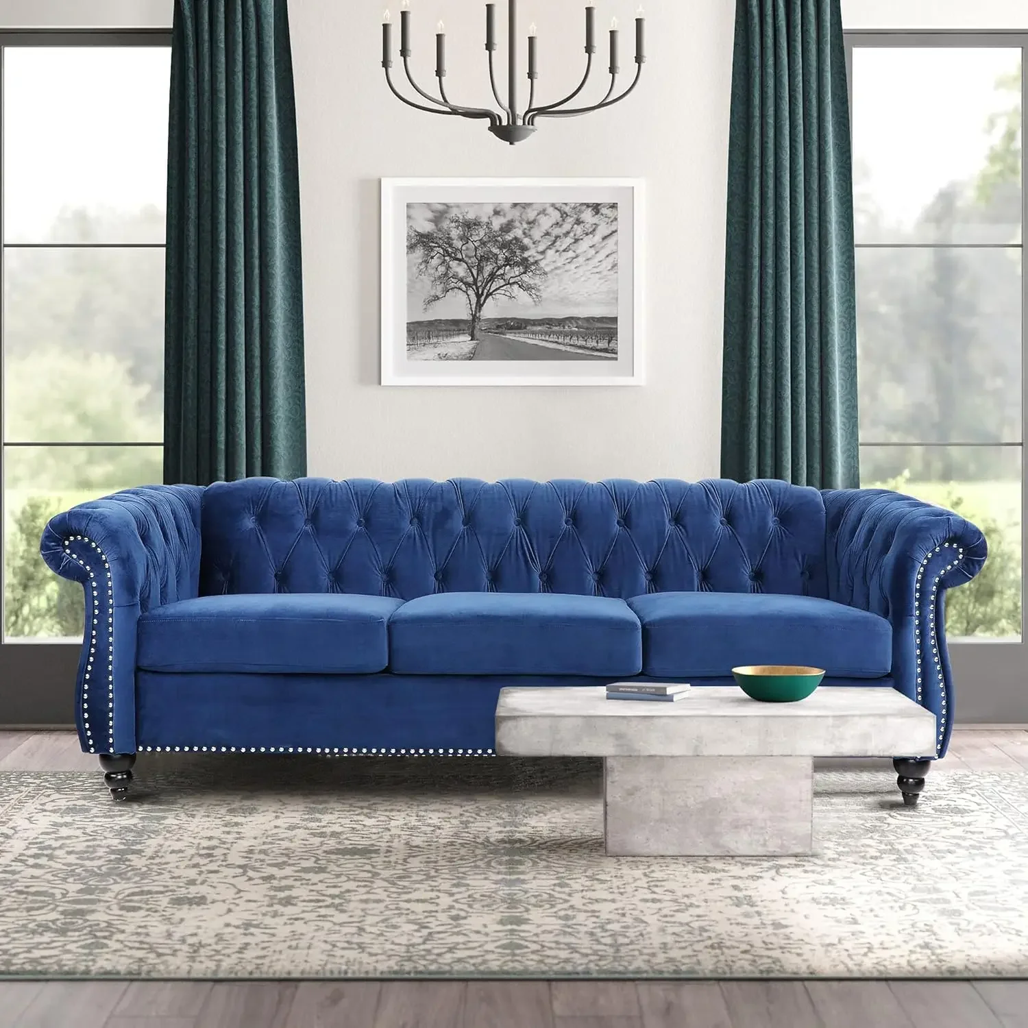 Scroll Arms and Wood Legs for Living Room Bedroom (Blue), Blue Velvet, 84 In Chesterfield Sofa