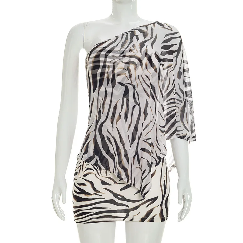 Sexy Perspective Mesh Printed Top+Skirt Two Piece Set