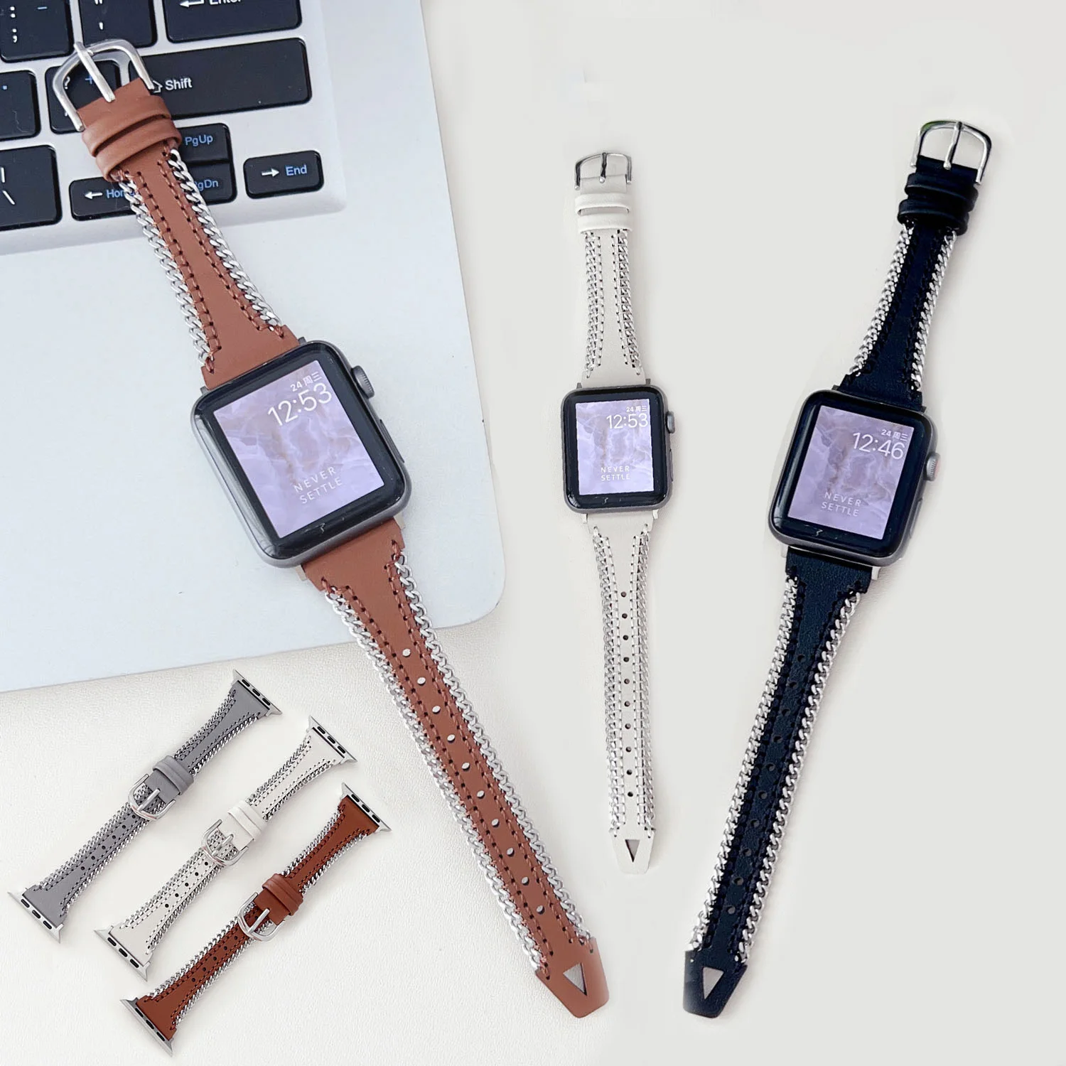 

Ремешок кожаный стальной для Apple Watch 8 Ultra 49 мм 7 SE 6 5 4 3, металлический кожаный браслет для часов iWatch 42/44/45 мм 38/40/41 мм