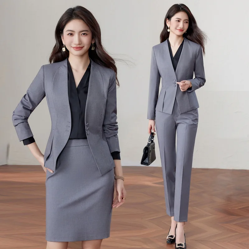 

2025Spring and Autumn New Professional Wear for Women, High-End Gray Suit Set, Simple and Elegant Long-Sleeve Blazer Dress Set