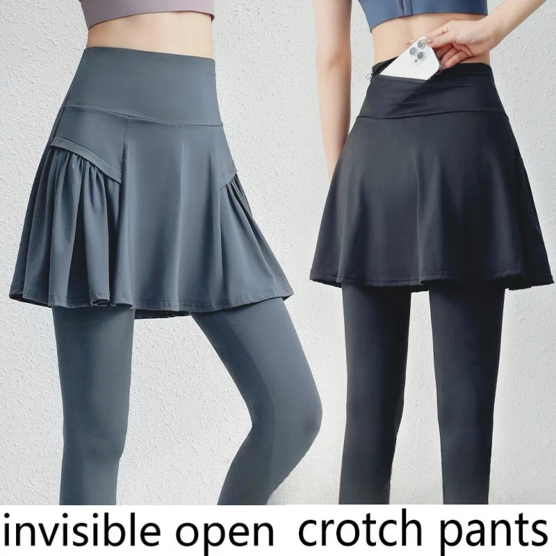 

Брюки с невидимой промежностью, искусственные двухсекционные брюки-кюлоты для йоги, закрывающие бедра, высокая талия, антилегкие, верхняя одежда для бадминтона,