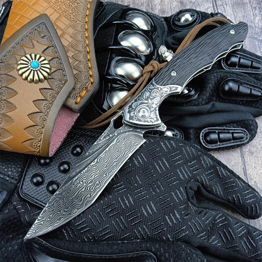 Black Bear Damascus Knife Folding Pocket Knife Damascus Steel Blade Ebony Handle Outdoor EDC Survival Camping Tool with Sheath