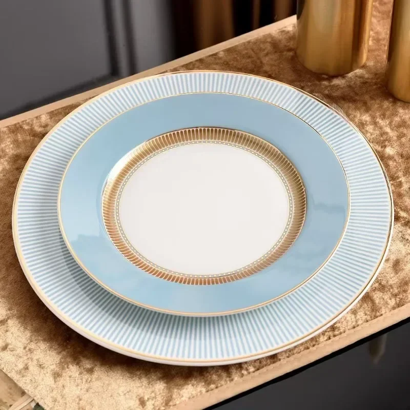 Nordic Style Ocean Series Blue Ceramic Dining Plate Set, High-end Gold Edged Dishes for Home Use, Dinner Tableware Gift Platos