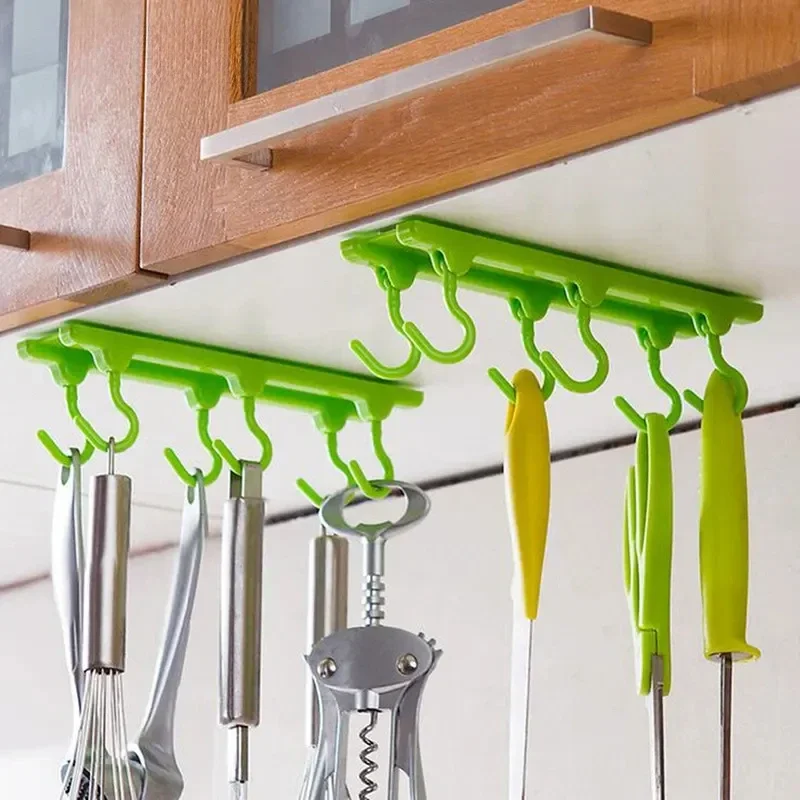 Kitchen Rack Holder Hook Ceiling Wall Cabinet Hanging Storage Organizer Holder Parallel Hanger Bathroom Shelves with 6 Hooks